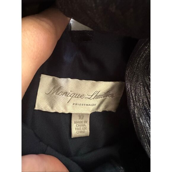 ✨ Monique Lhuillier Bridesmaids Whitney Maxi Dress Navy Silver Metallic Size 10 - Picture 6 of 7